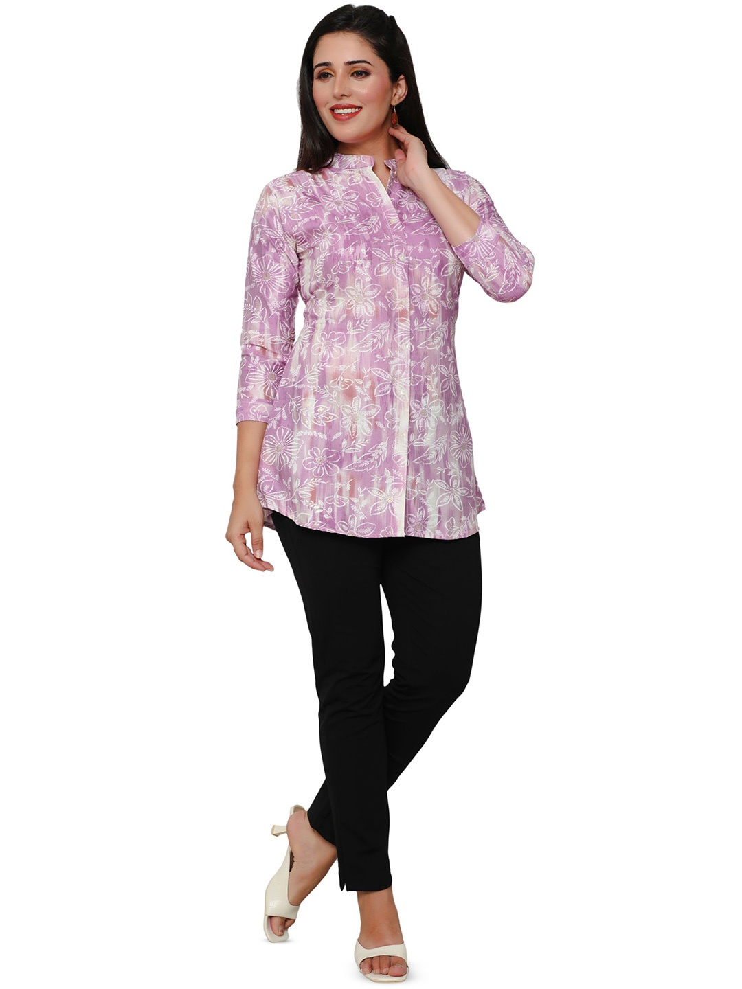 

FESYEN Women Mandarin Collar Printed Ethnic Cotton Tunic, Lavender