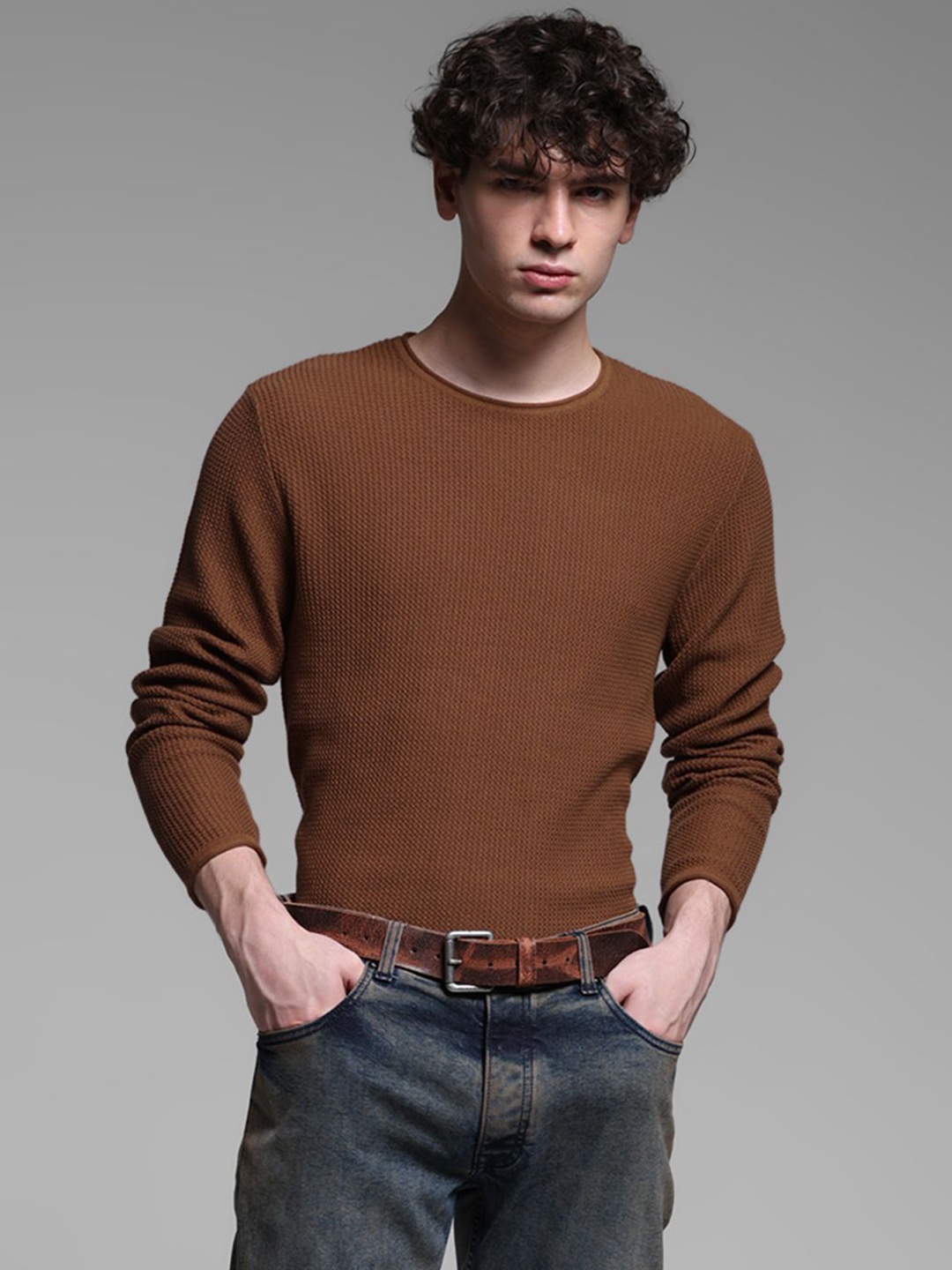 

Jack & Jones Men Solid Knitted Cotton Pullover Sweater, Brown