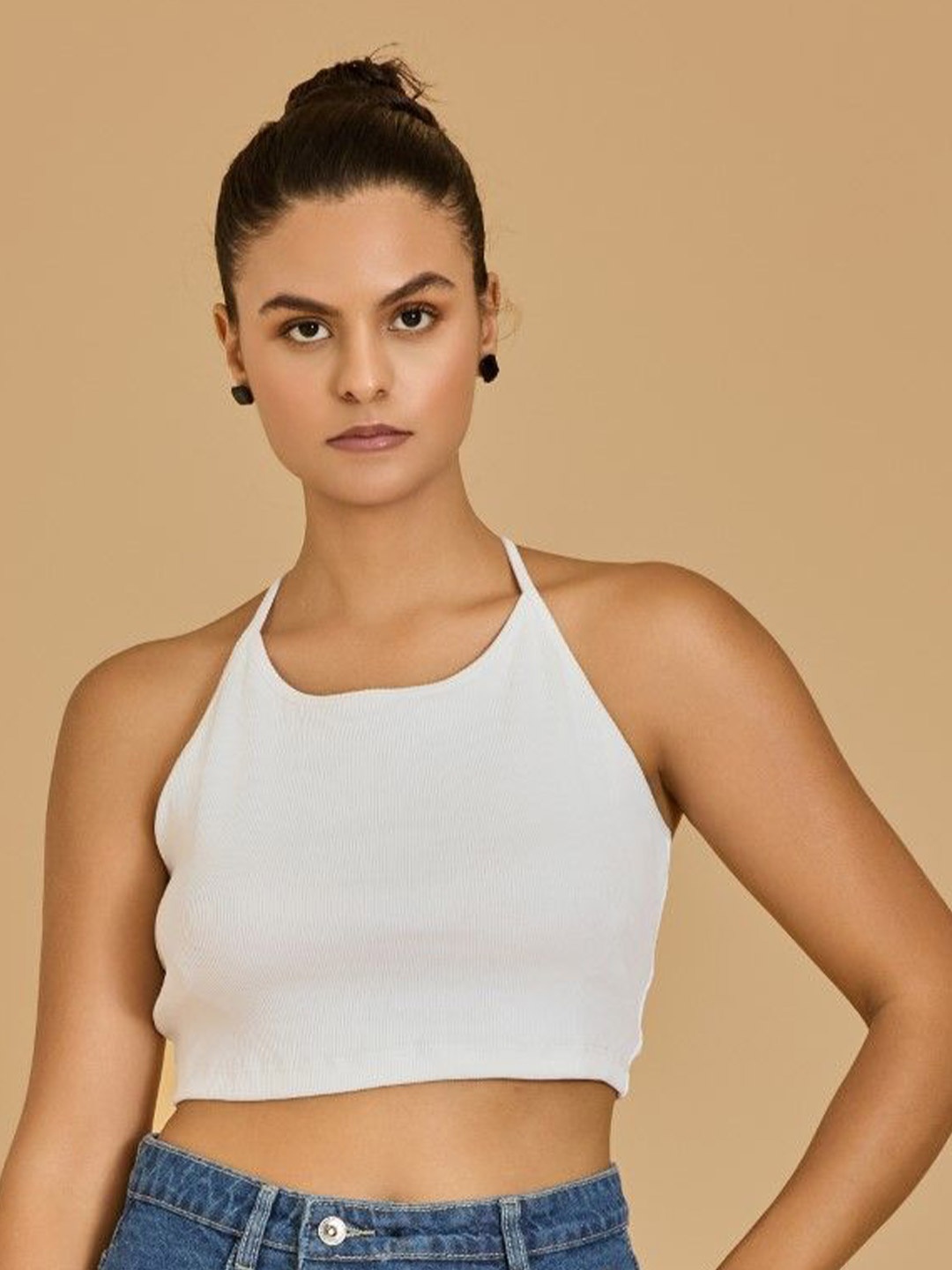 

Urban Sundari Women Solid Halter Neck Cotton Top, White
