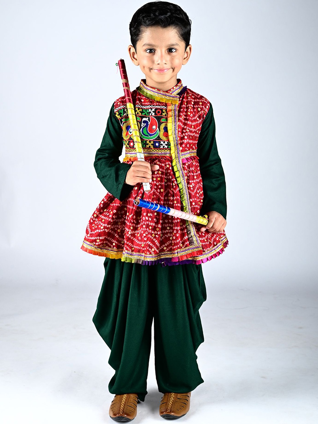 

AGLARE Boys Bandhani Printed Mirror Work Kurta with Dhoti Pants, Red