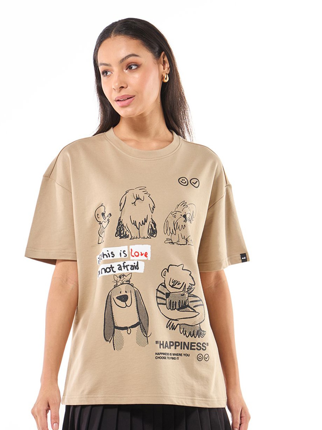 

Bewakoof Heavy Duty 1.0 Women Ginger Root Happiness Graphic Printed Oversized T-shirt, Brown