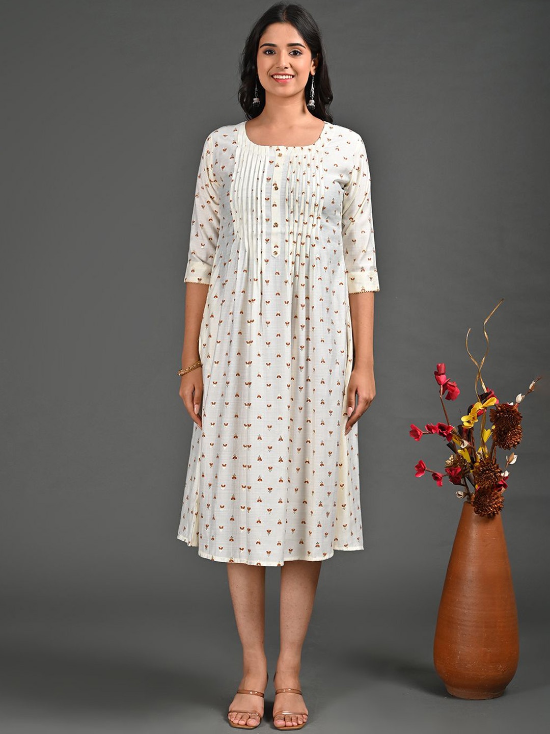 

GOLDSTROMS Floral Printed Round Neck Gathered Fit & Flare Midi Ethnic Dress, White