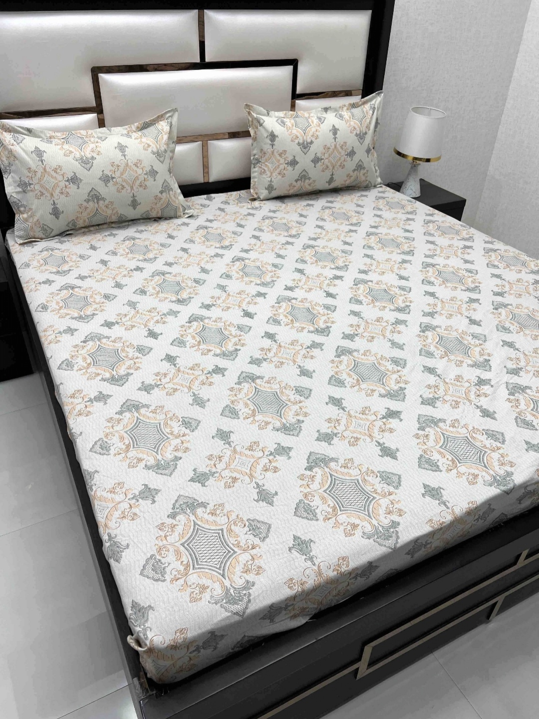 

Pure Decor Grey Ethnic Motifs Pure Cotton Fitted 250 TC King Bedsheet with 2 Pillow Covers