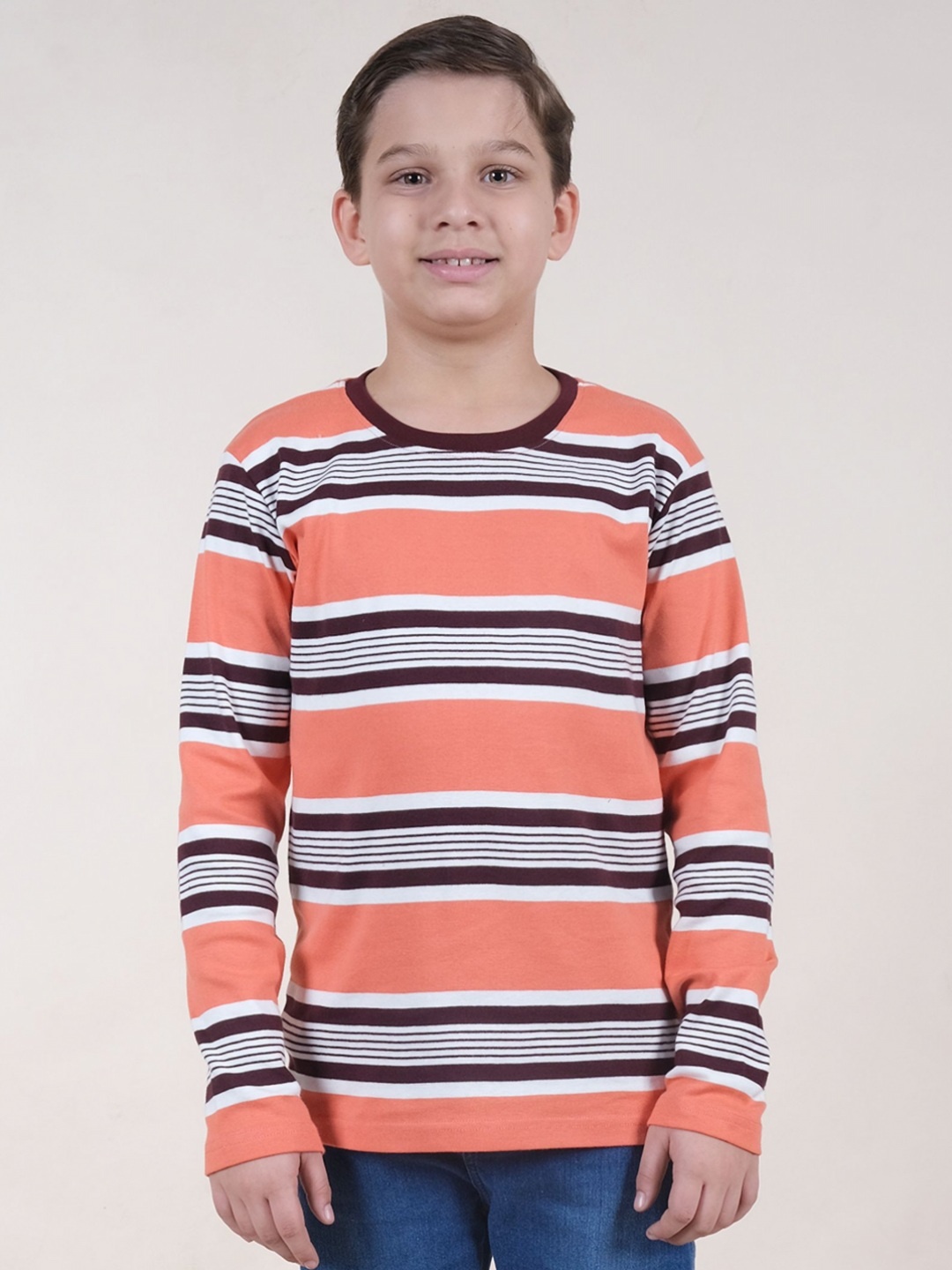 

KiddoPanti Boys Striped Round Neck Cotton T-shirt, Orange