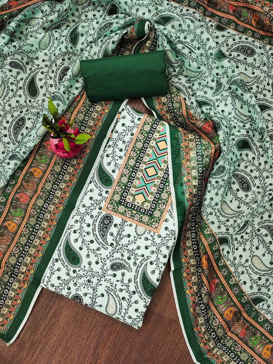 

Ishin Paisley Printed Unstitched Dress Material, Green