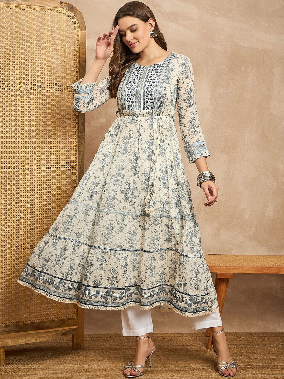 

all about you Women Printed Flared Kurta, White