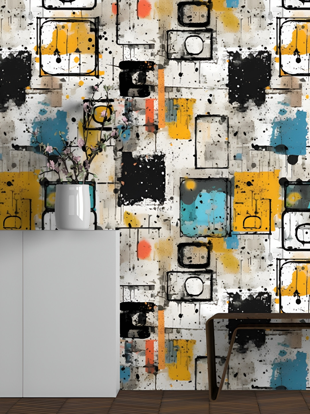 

CVANU White & Yellow Abstract Printed Self-Adhesive Wall Sicker