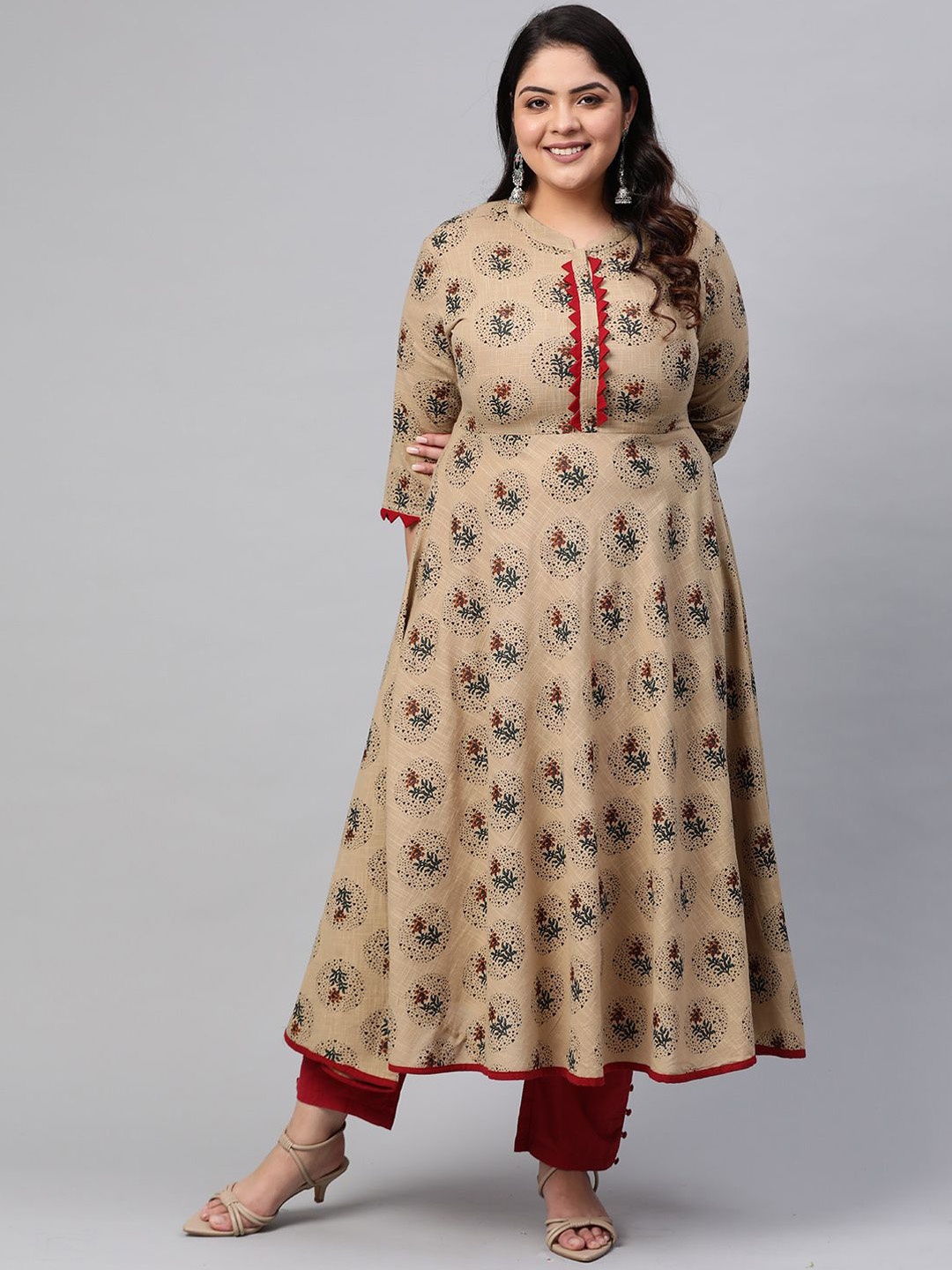 

YASH GALLERY Plus Size Floral Printed Thread Work Anarkali Kurta, Beige