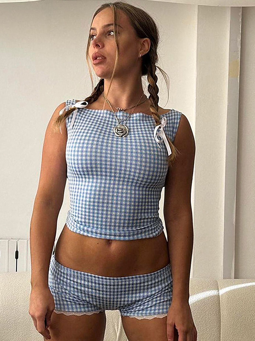 

LULU & SKY Checked Top With Short, Blue
