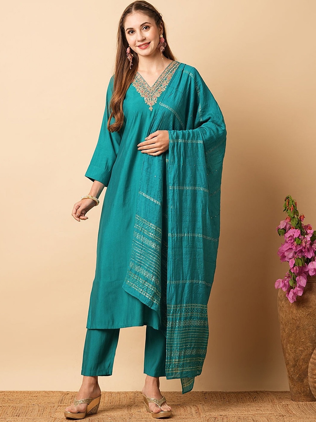 

KALINI Floral Yoke Design Straight Thread Work Chanderi Silk Kurta with Trousers & Dupatta, Turquoise blue