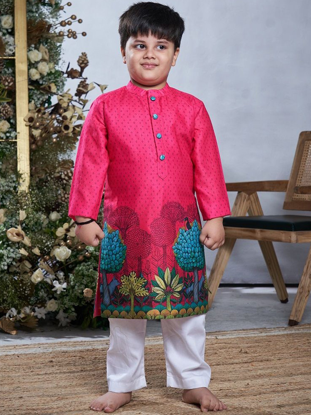 

Vivedkids Boys Floral Printed Mandarin Collar Regular Pure Cotton Kurta With Pyjamas, Pink