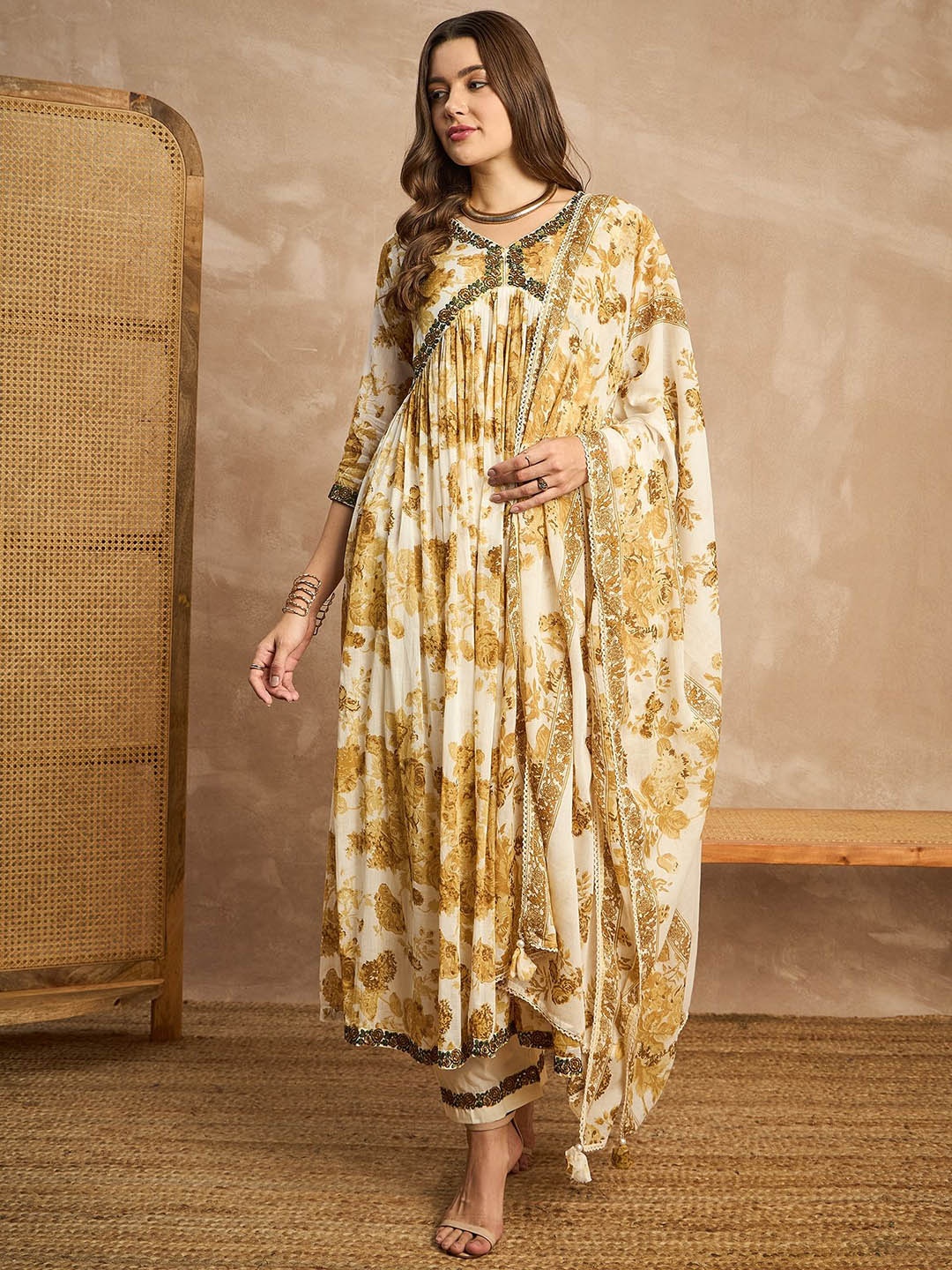 

all about you White & Mustard Brown Floral Printed Anarkali Kurta with Trouser & Dupatta