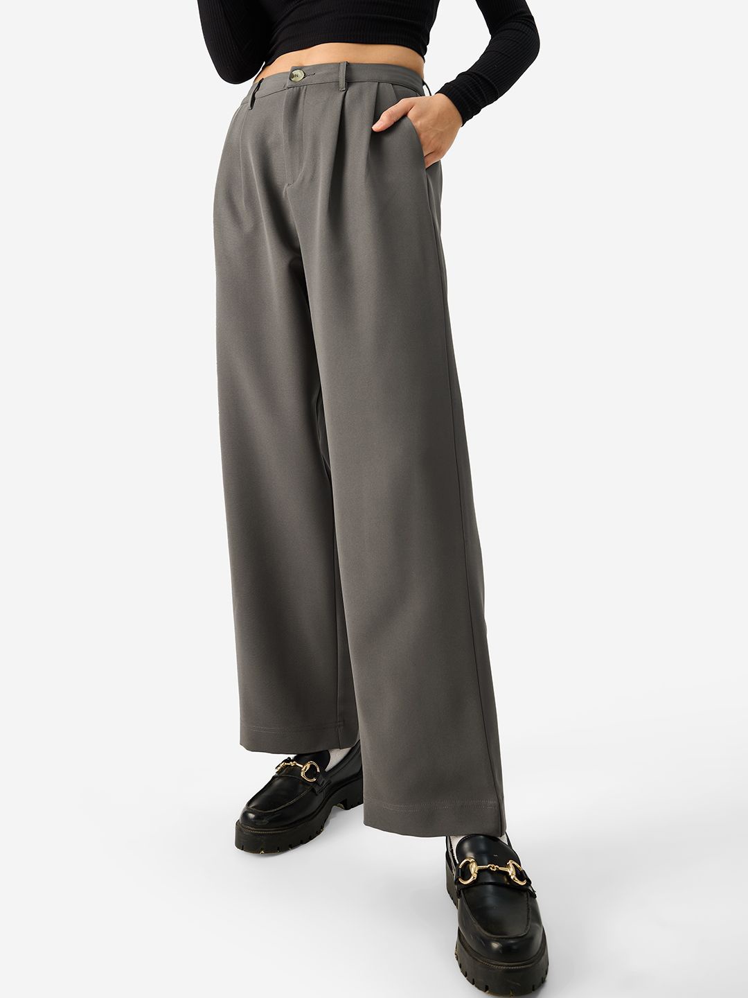

The Souled Store Women Mid-Rise Pleated Parallel Trousers, Grey