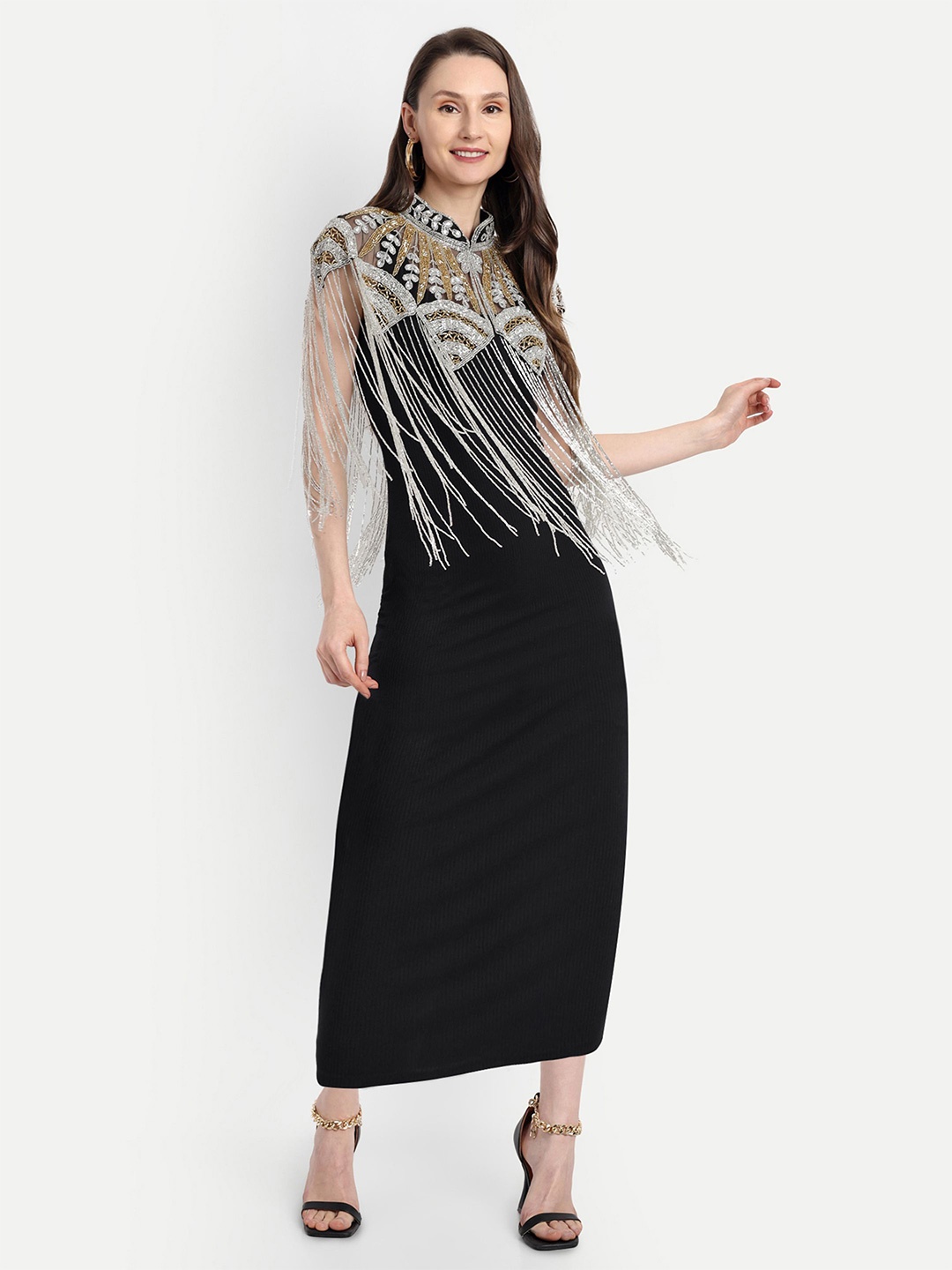 

HAUTEMODA Embellished Beads Cape Poncho, Grey