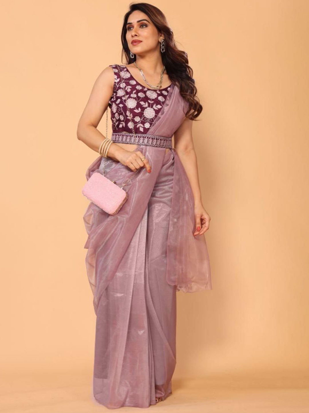 

PATLANI STYLE Solid Twill net Saree with Embroidered Belt And unstitched blouse piece, Purple