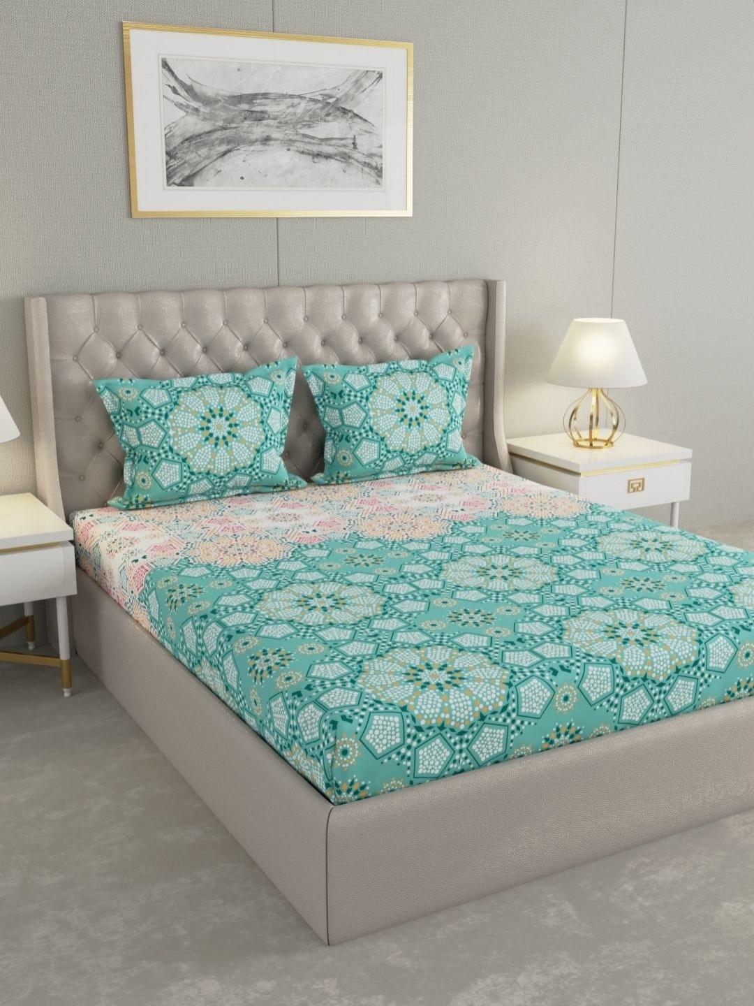 

Raymond Home Shubham Turquoise Blue Abstract 120 TC Cotton King Bedsheet & 2 Pillow Covers