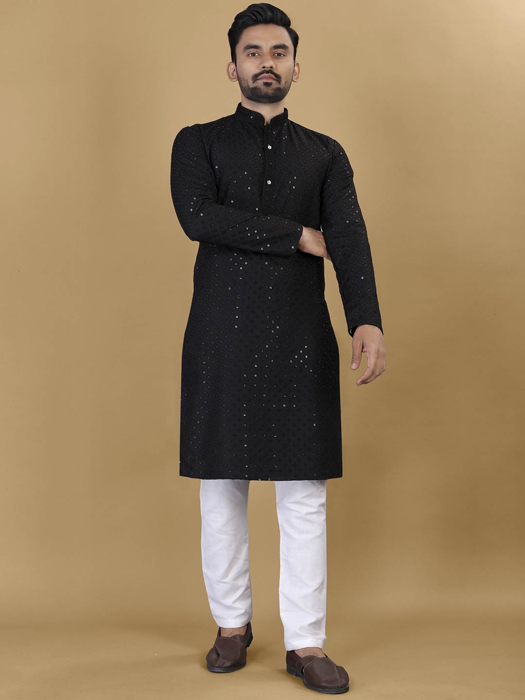 

Anaita Geometric Embroidered Mandarin Collar Sequins Straight Kurta, Black