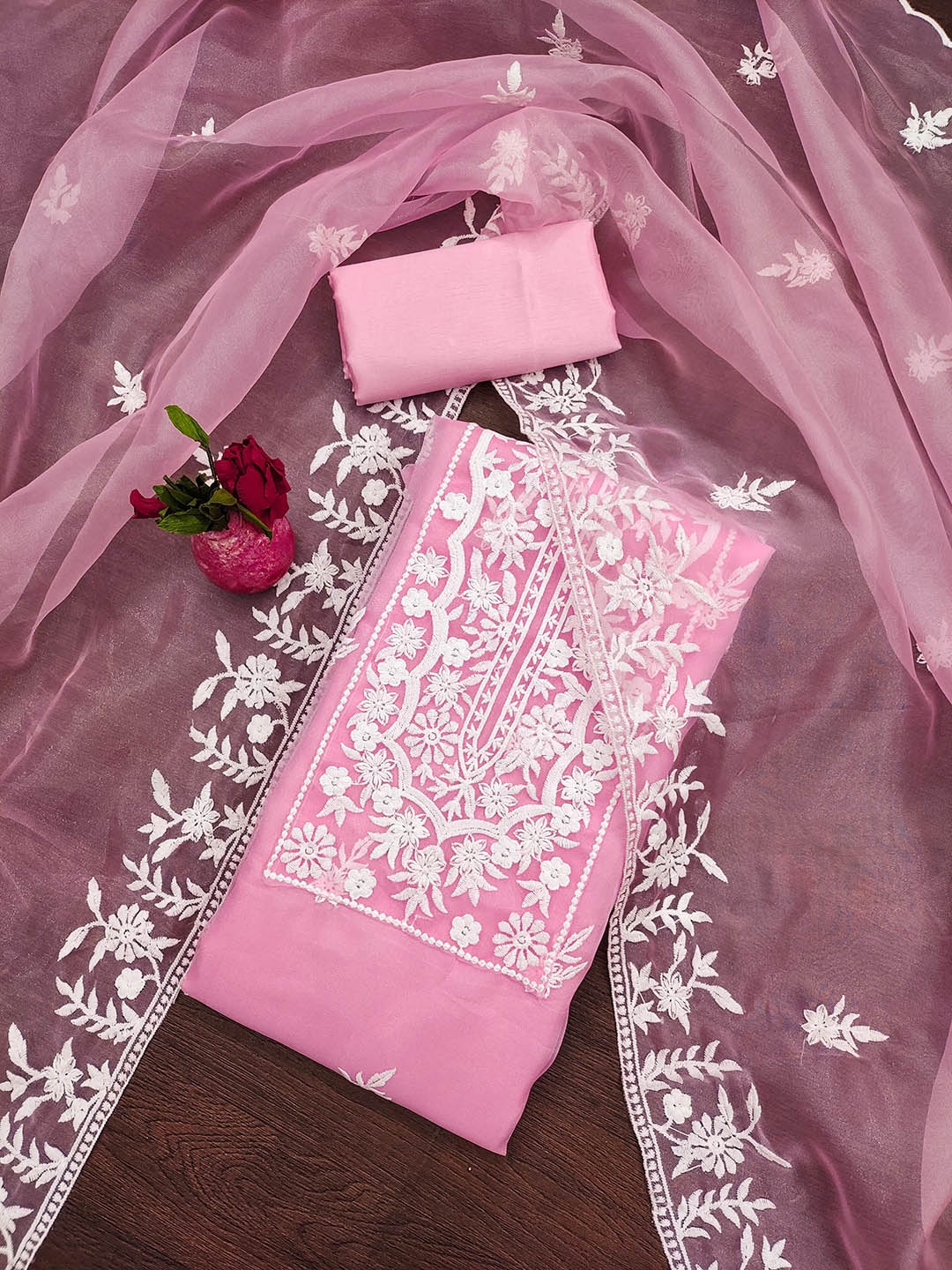 

Ishin Floral Embroidered Thread Work Organza Unstitched Dress Material, Pink