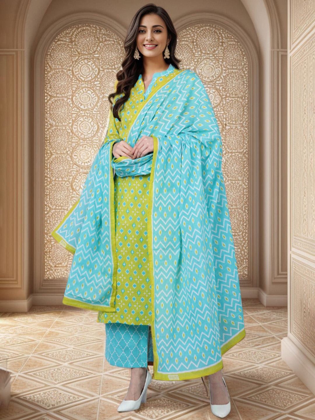 

KALINI Geometric Printed Straight Kurta with Trousers & Dupatta, Lime green