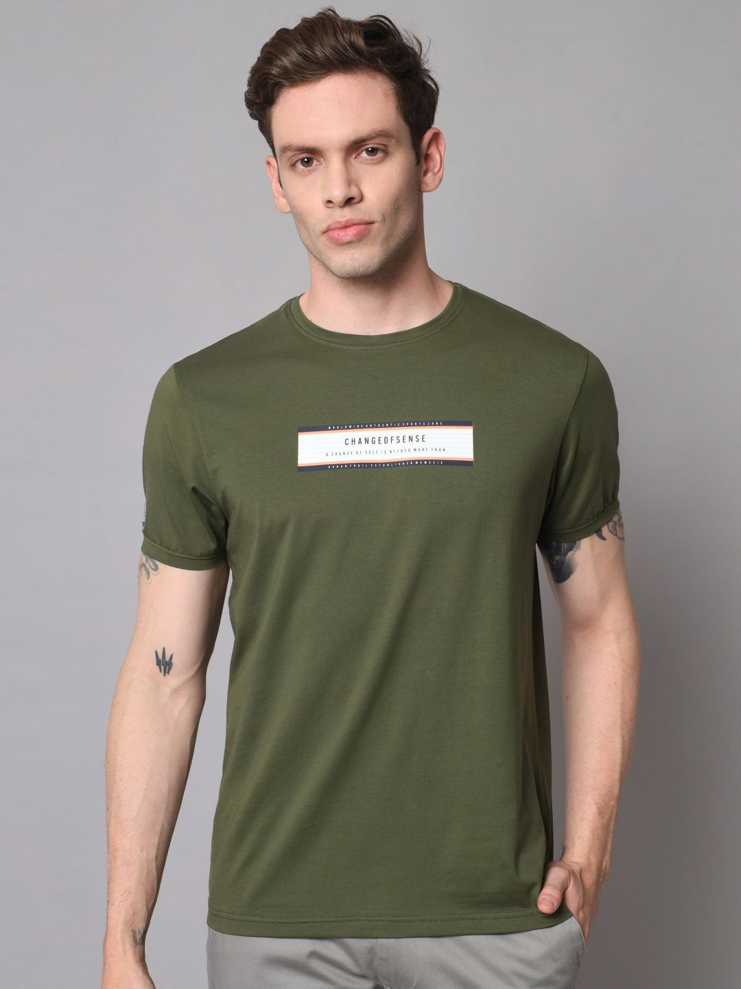 

URBAN TRAIL Men Typography Printed Round Neck Cotton T-shirt, Green