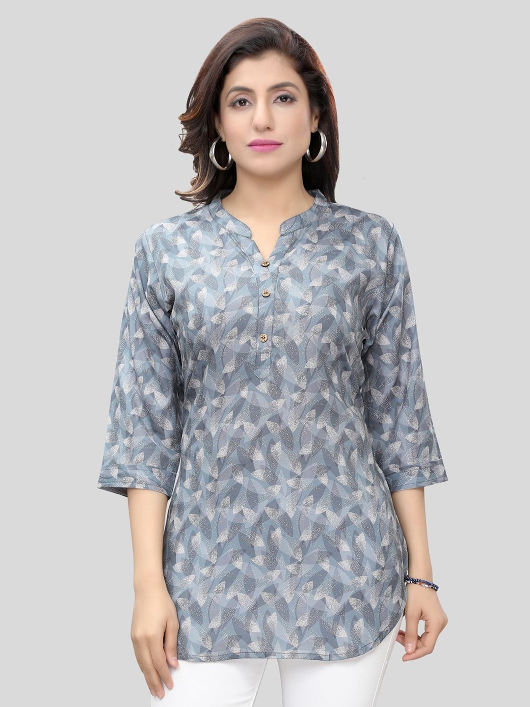 

Saree Swarg Women Mandarin Collar Printed Tunic, Grey