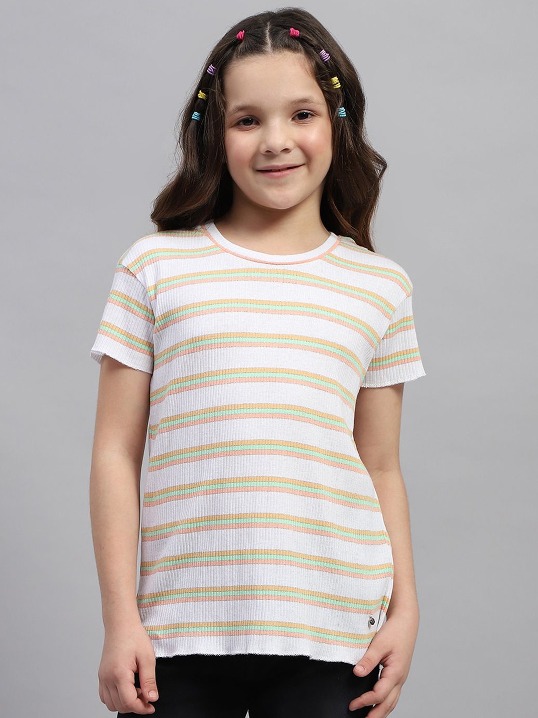 

Monte Carlo Girls Horizontal Striped Round Neck Top, Orange