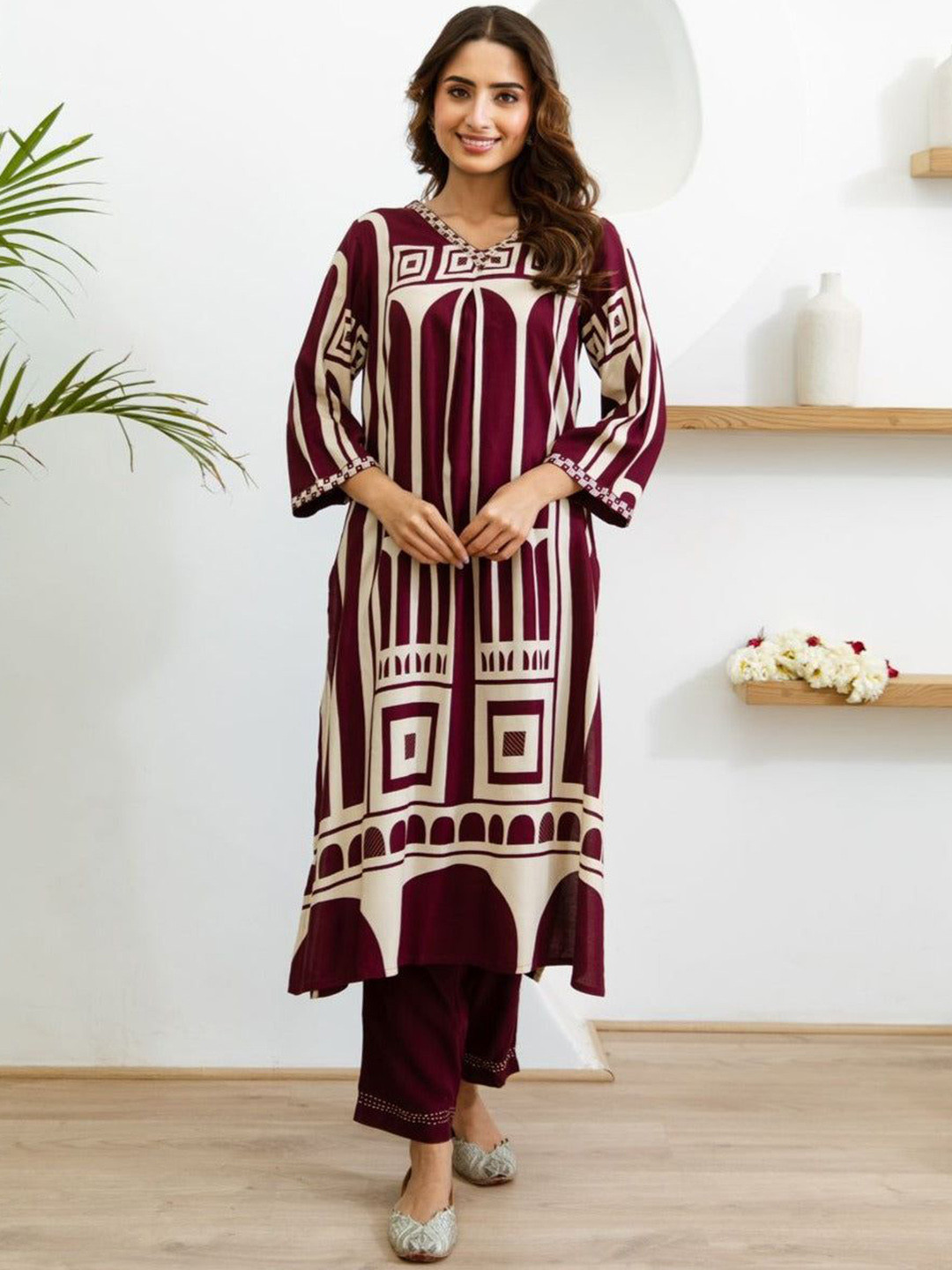

AUTUMN LANE Ethnic Motifs Printed Pure Cotton Kurta With Trousers, Maroon