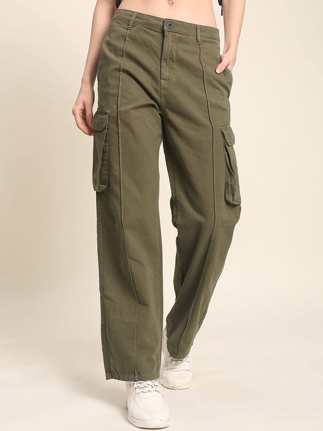 

The Roadster Lifestyle Co Women Pure Cotton Straight-Fit Cargo Trouser, Olive