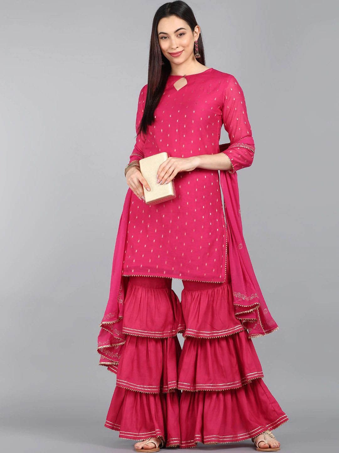 

KALINI Polka Dot Woven Design Keyhole Neck Straight Kurta With Sharara & Dupatta, Pink