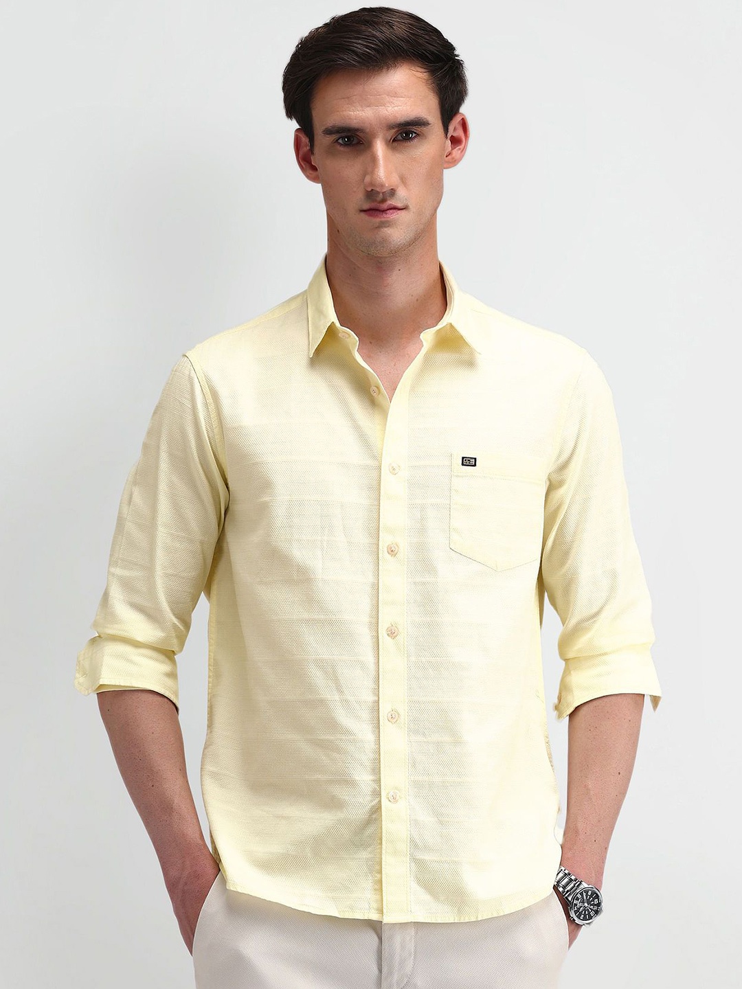 

Arrow Sport Men Classic Spread Collar Textured Cotton Casual Shirt, Yellow