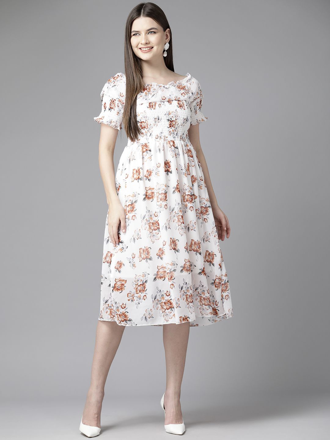

BAESD Women Floral Printed Georgette Peplum Dress, White
