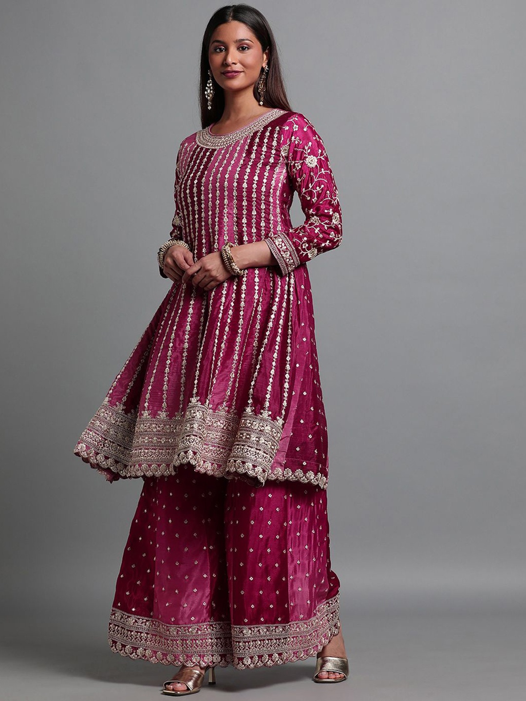 

Miss Ethnik Ethnic Motifs Embroidered Sequinned A-Line Kurta with Trousers & Dupatta, Pink