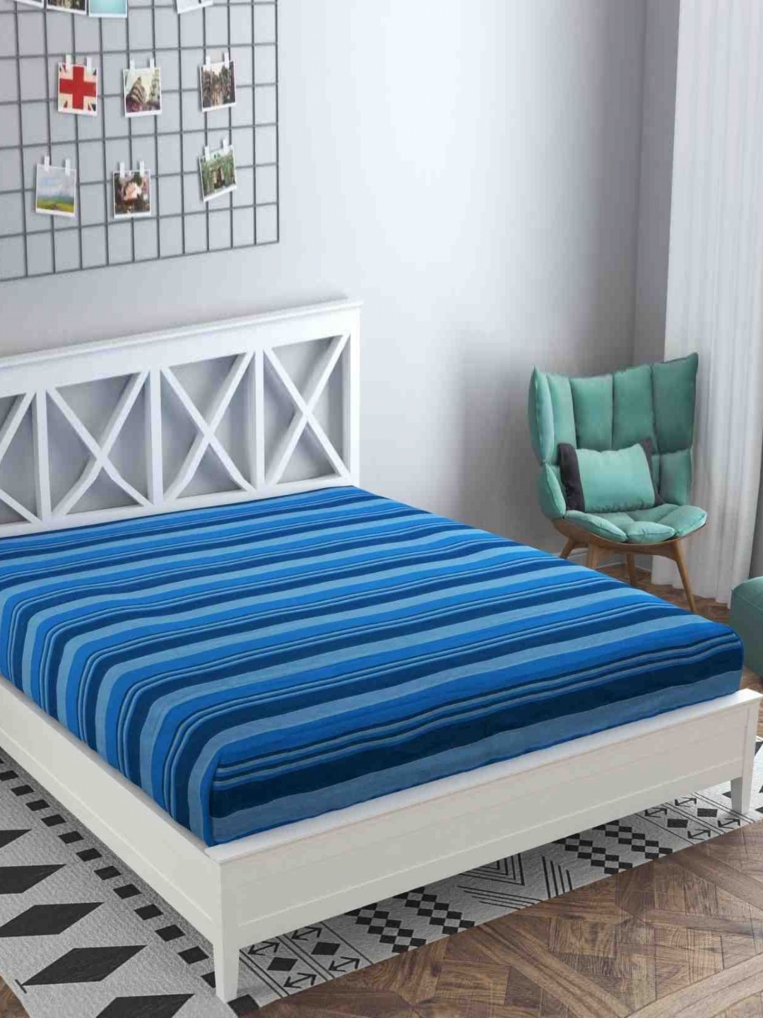 

RANGBHAR Blue Striped Cotton King Bedcover
