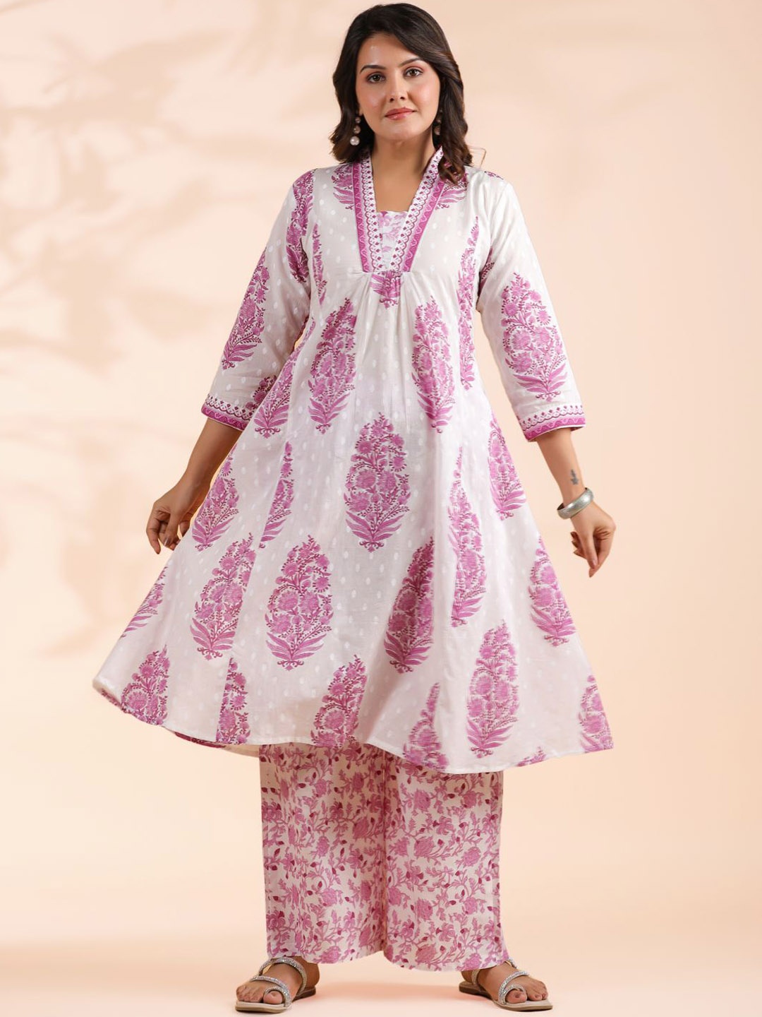 

KALINI Floral Printed Pure Cotton A-Line Kurta with Palazzos, Lavender