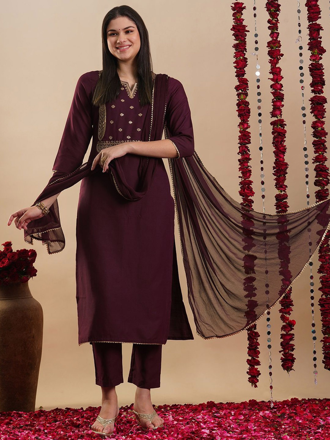 

KALINI Floral Embroidered Notch Neck Straight Kurta with Trousers & Dupatta, Brown