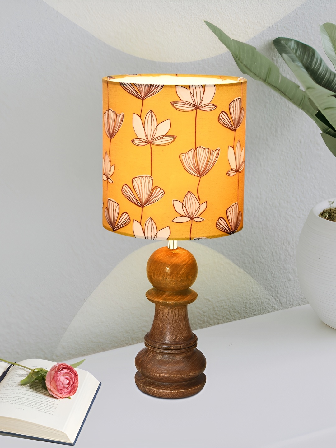 

Homesake Yellow & Brown Printed Wooden Cylindrical Shaped Table Lamp with Bulb