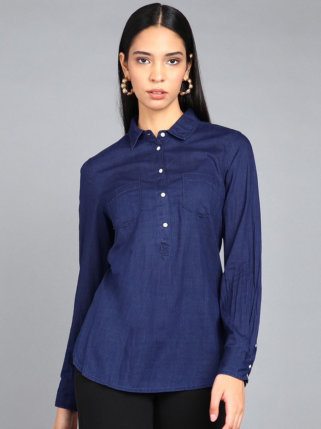 

SAFFE Women Classic Spread Collar Solid Cotton Relaxed Fit Casual Shirt, Navy blue