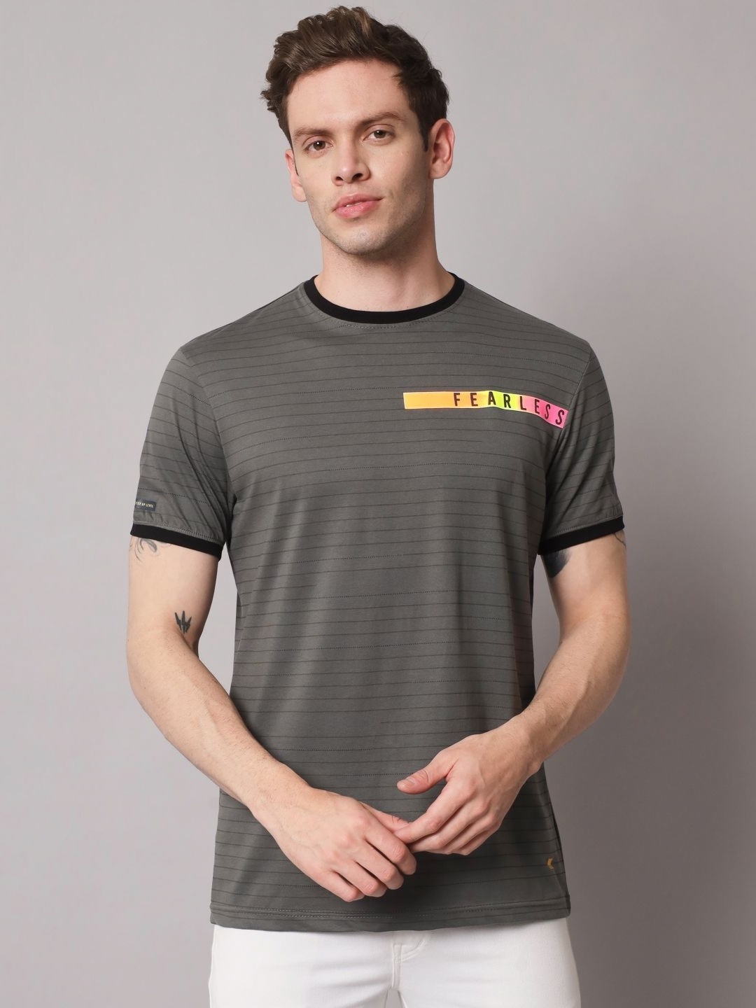 

URBAN TRAIL Men Abstract Printed Round Neck Cotton T-shirt, Charcoal