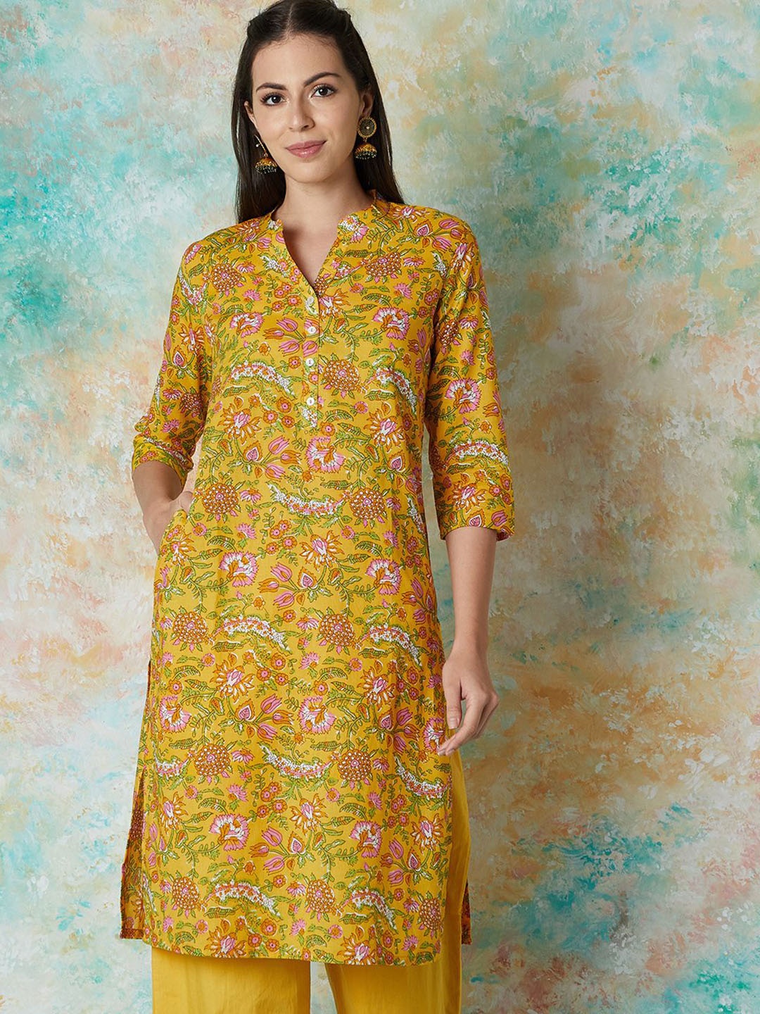 

Melange by Lifestyle Floral Printed Cotton Straight Kurta, Mustard