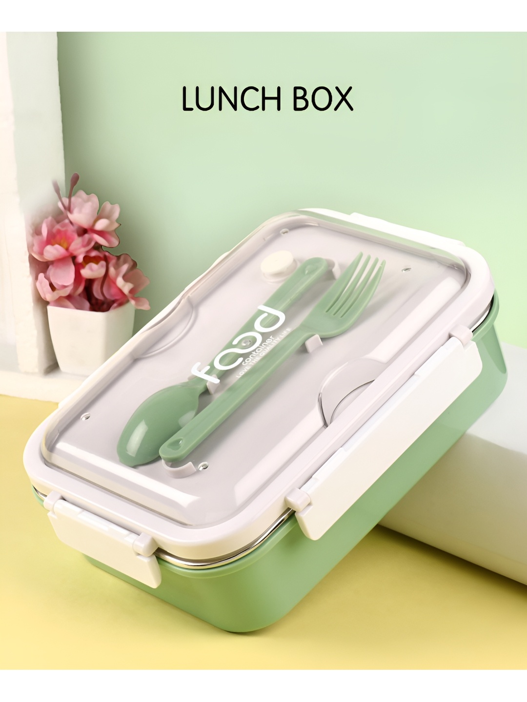 

NeonateCare Green Stainless Steel Lunch Box With Fork and Spoon