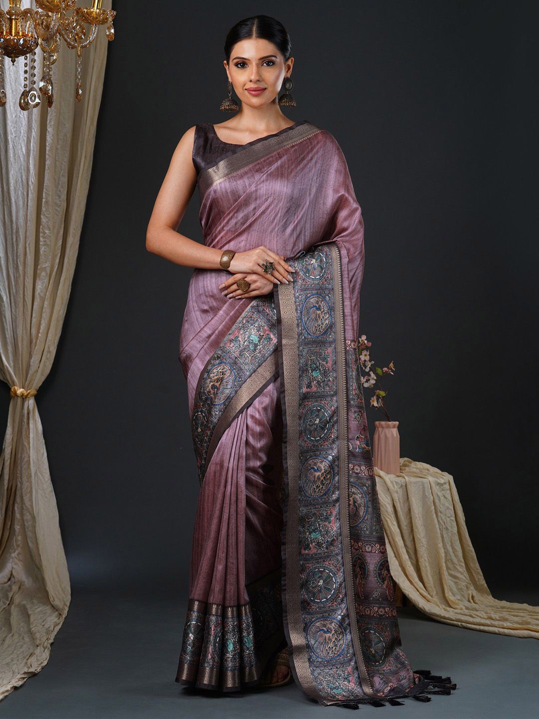 

Anouk Kalamkari Zari Block Print Saree, Mauve