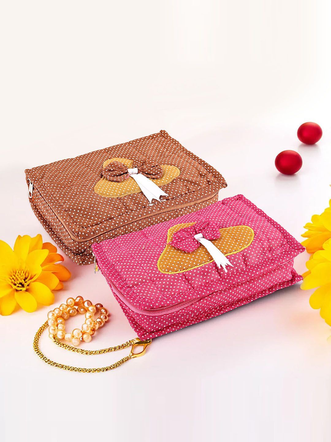 

Kuber Industries Pink & Brown 2 Pieces Dots Printed Jewellery Organiser