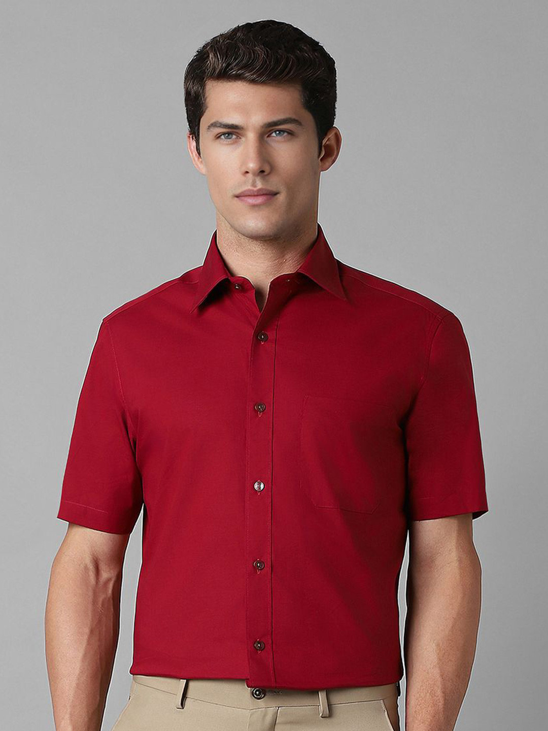 

Louis Philippe Men Classic Spread Collar Solid Cotton Formal Shirt, Red