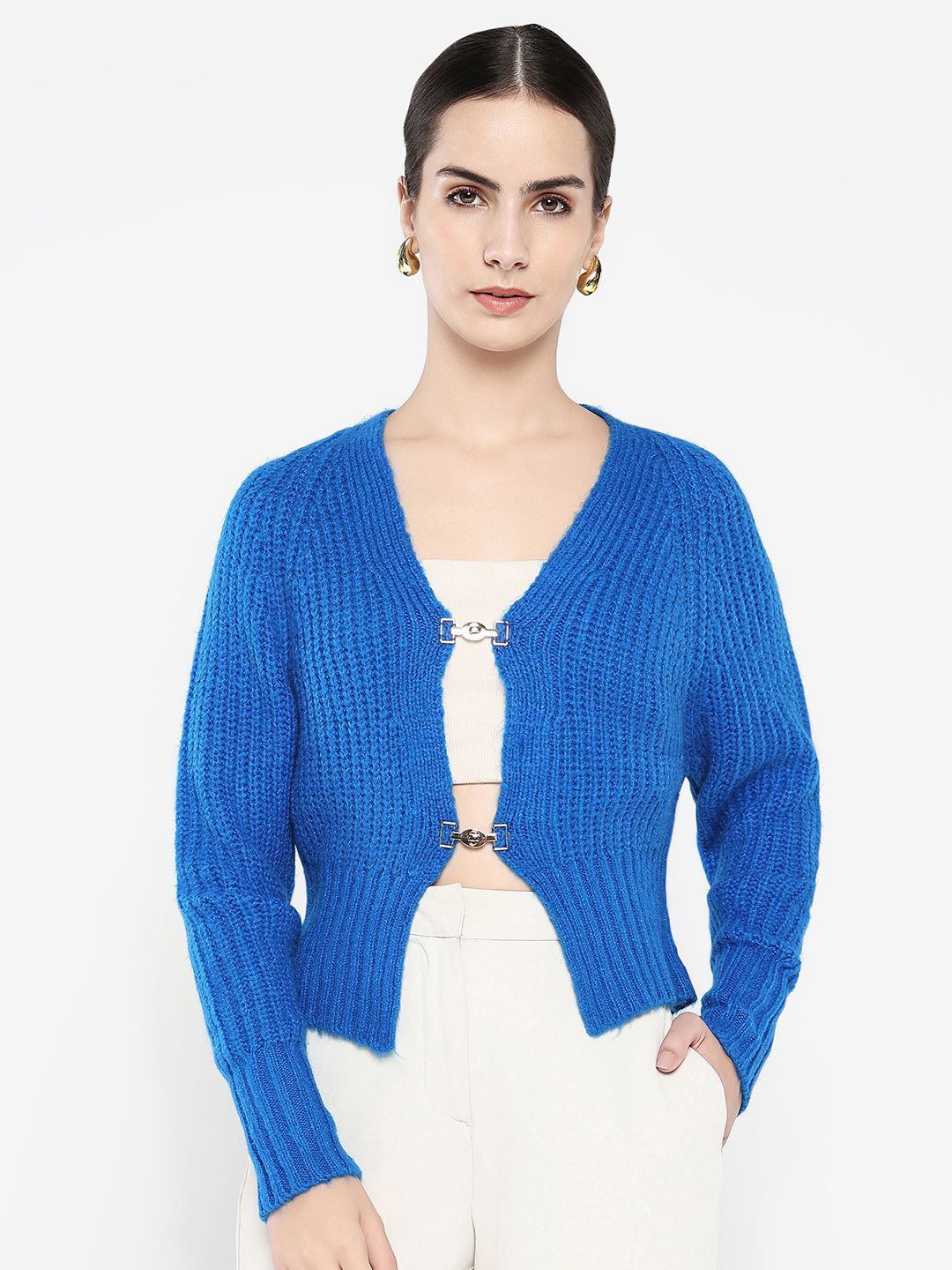 

RAREISM Women Cotton Self Design Cable Knit V-Neck Long Sleeves Cardigan, Blue