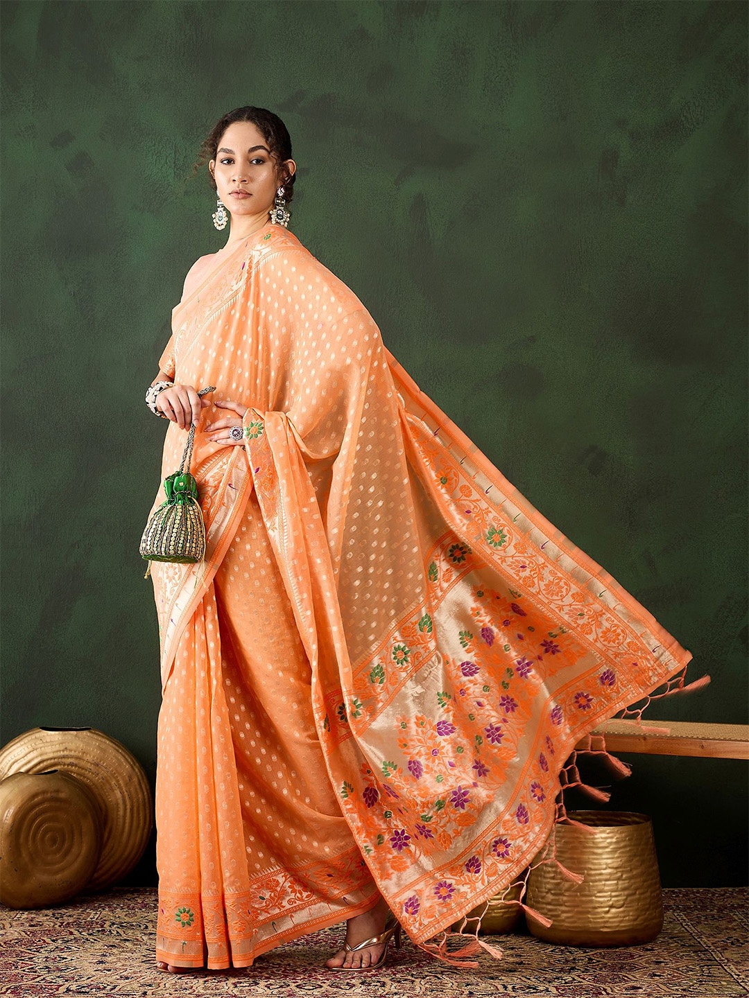 

Sangria Woven Design Banarasi Saree With Blouse Piece, Orange