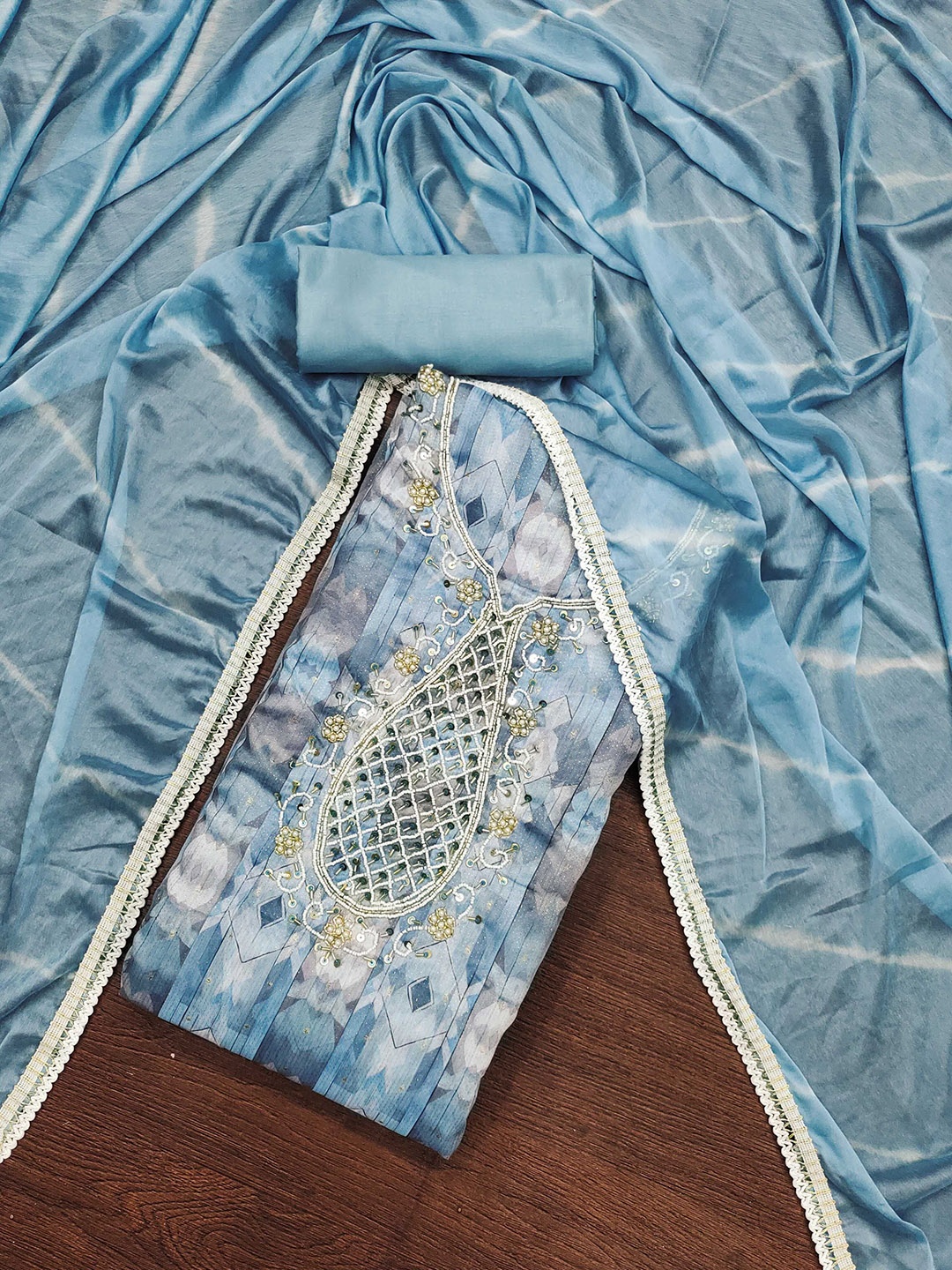 

Ishin Floral Woven Design Beads and Stones Unstitched Dress Material, Teal