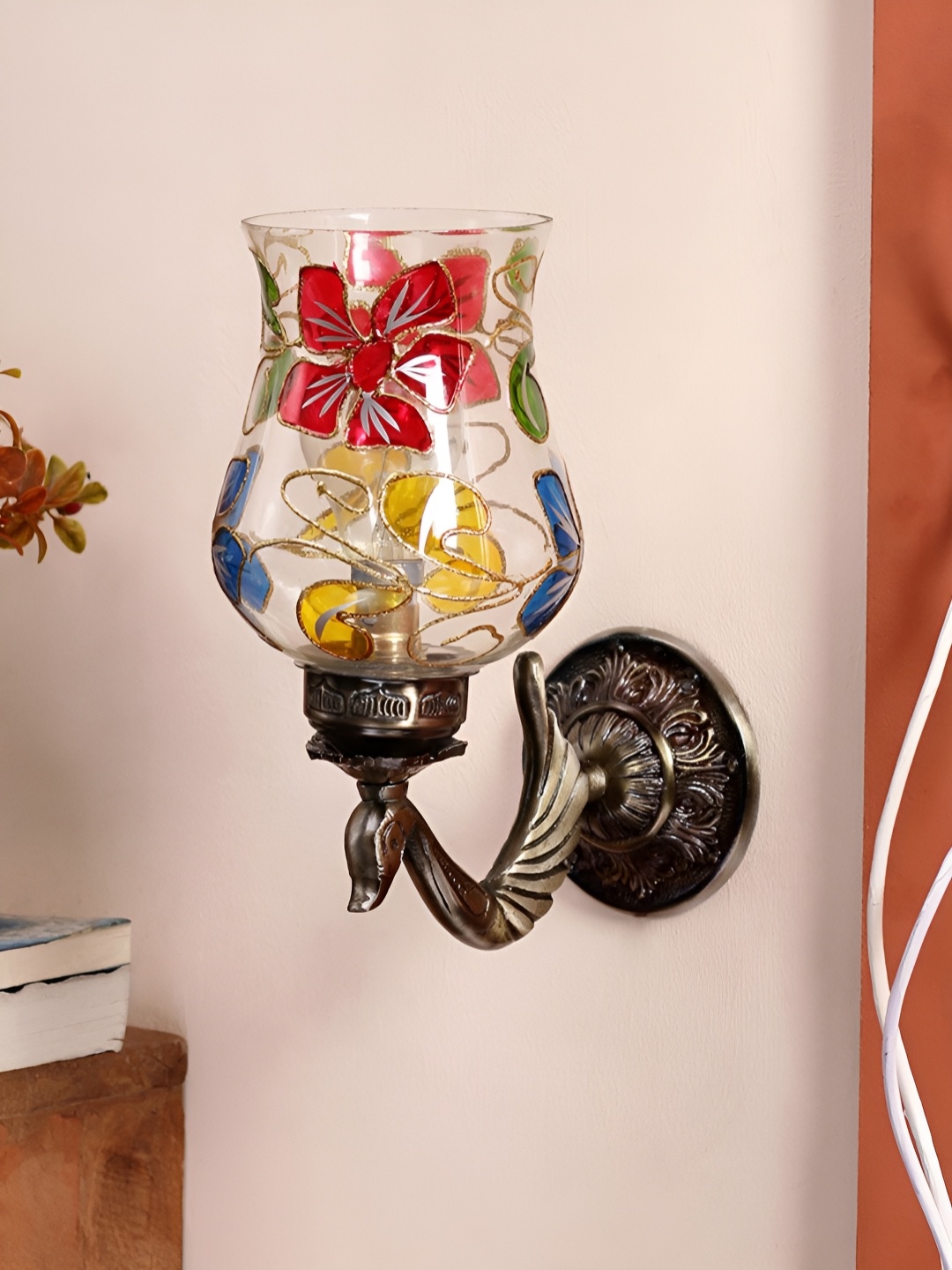 

Devansh Red & Yellow Floral Printed Metal Glass Contemporary Bell Shaped Wall Lamp