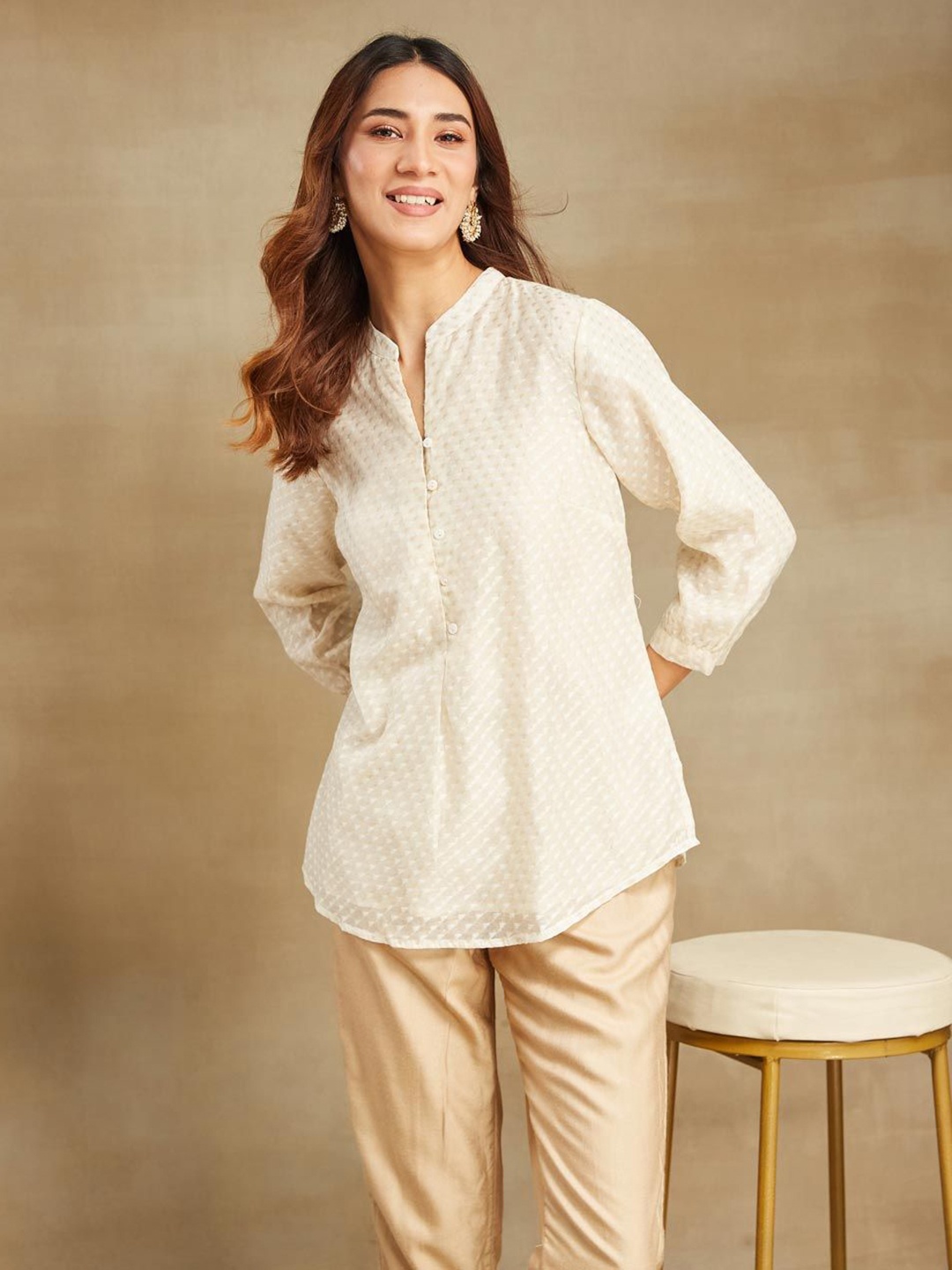 

Fabindia Women Mandarin Collar Cotton Self Design Tunic Top, White