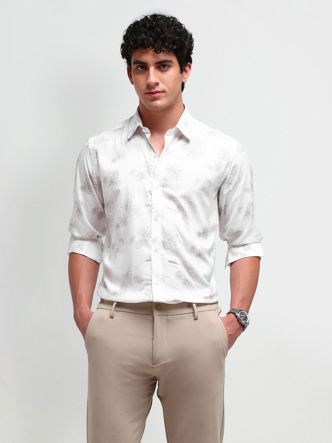 

Arrow New York Men Comfort Spread Collar Floral Printed Cotton Slim Fit Formal Shirt, White