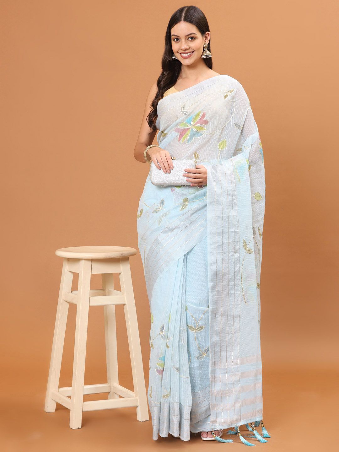 

Meena Bazaar Floral Gotta Patti Blue Printed Cotton Saree